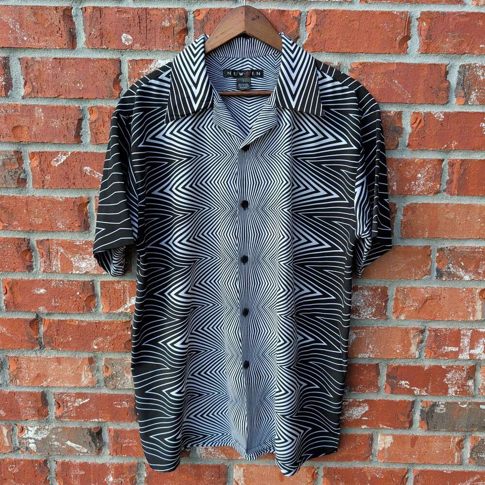 VTG 90s New Gen Optical Print Shirt Mens L Black White Short Sleeve Button Up